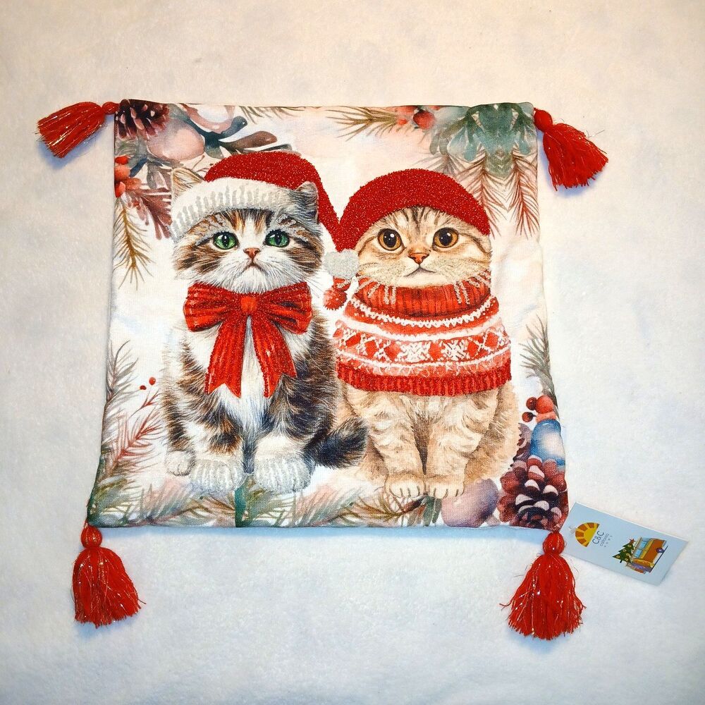 Cat Christmas Deluxe Pillow Cover 17x17 Tassel Textured You Add the Pillow NWT